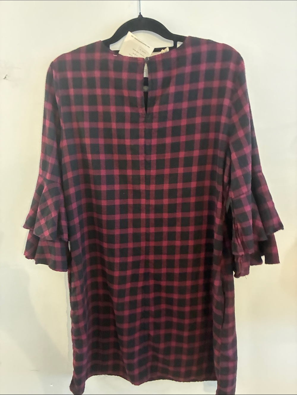 beachlunchlounge Black and Pink Plaid Ruffle Sleeve Tunic